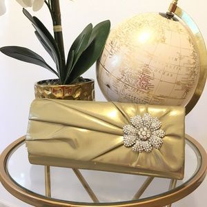 Gold Lamé Evening Clutch with Rhinestone Accent